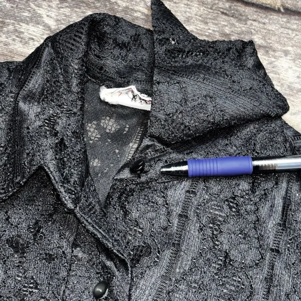 Vintage 60-70's MALBE Black Textured Blouse Womens Size 8 Button Front LS Lace - Picture 3 of 7